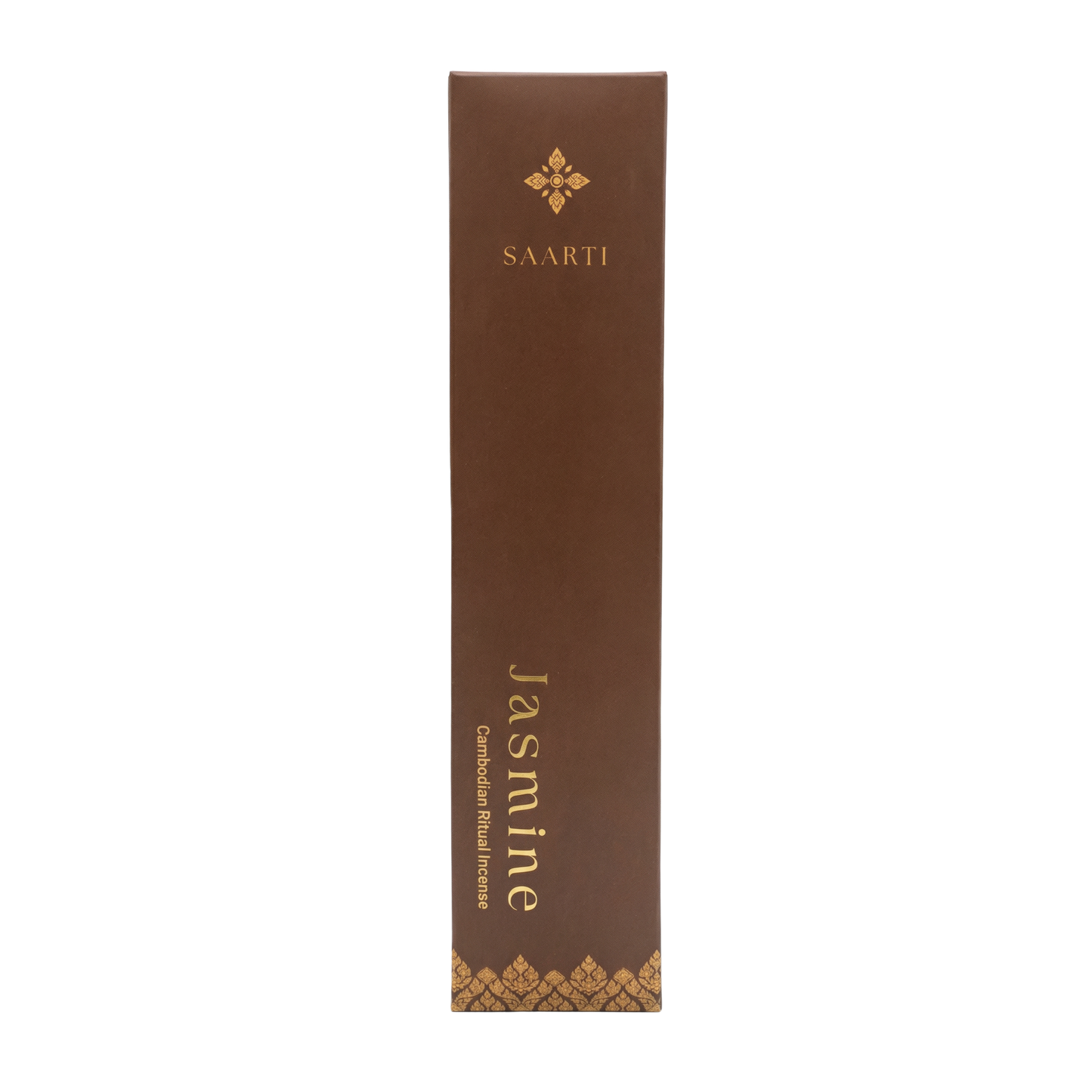 Natural Cambodian jasmine incense in brown and gold packaging