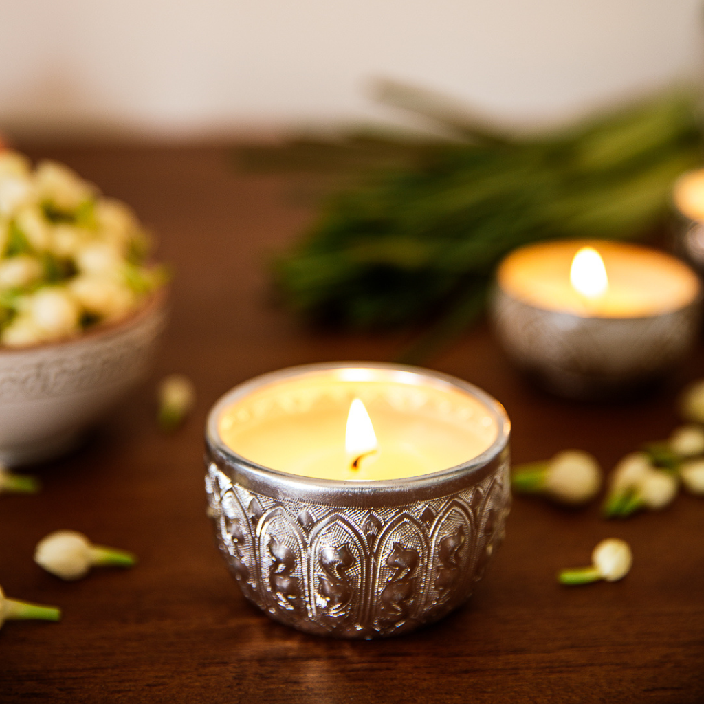 Blessing Bowl Candle with soy wax and essential oils handmade in Siem Reap Cambodia. Best gifts in Cambodia, perfect gift for Christmas, best brand , silver alms bowls, natural candle free shipping